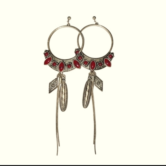 Free People Winona Hoops In Brass Red Jasper Boho Dangles - Picture 7 of 7